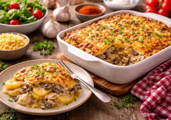طرز تهیه گراتن مرغ و سیب‌زمینی با قارچ و پنیر پیتزا در فر
