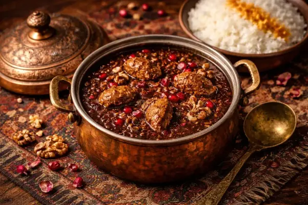 طرز تهیه خورش سیر انار با مرغ؛ خورش انار شمالی خوشمزه