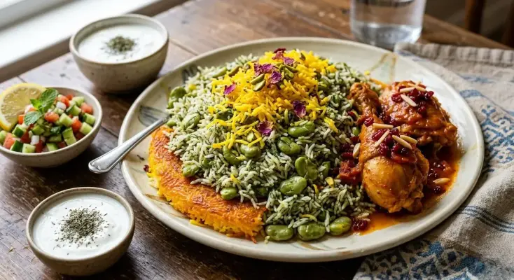 طرز تهیه باقالی پلو با مرغ ریش‌ریش مجلسی؛ خوش‌عطر و دانه‌دانه