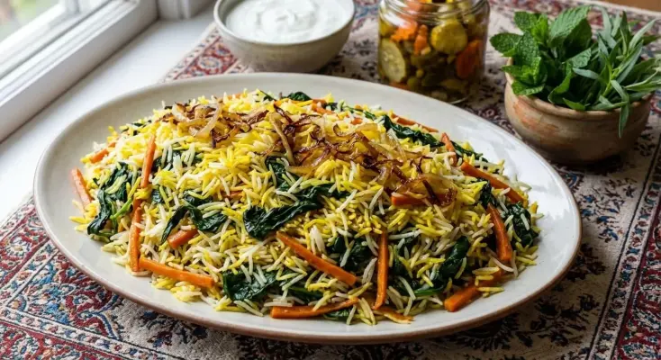 طرز تهیه اسفناج پلو با گوشت قلقلی و مرغ؛ دستور پخت ساده و خوشمزه