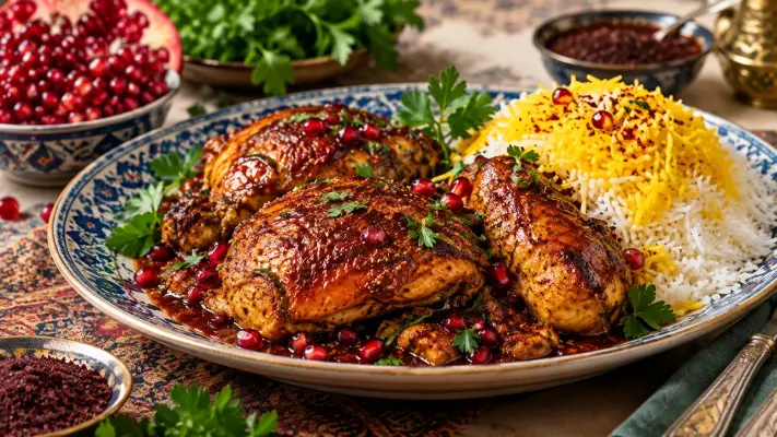 طرز تهیه مرغ سماقی مجلسی با زعفران و رب انار؛ ترش و خوش‌عطر