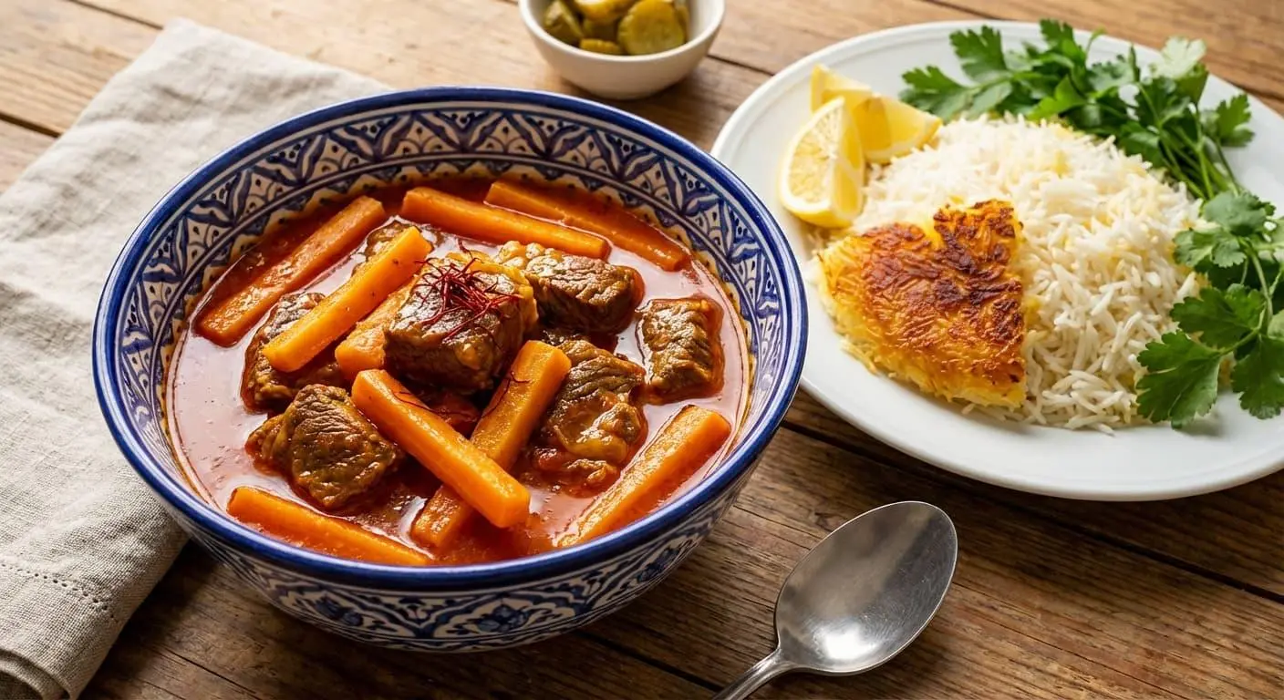 طرز تهیه خورش هویج تبریزی با گوشت و آلو؛ دستور خوشمزه و ملس