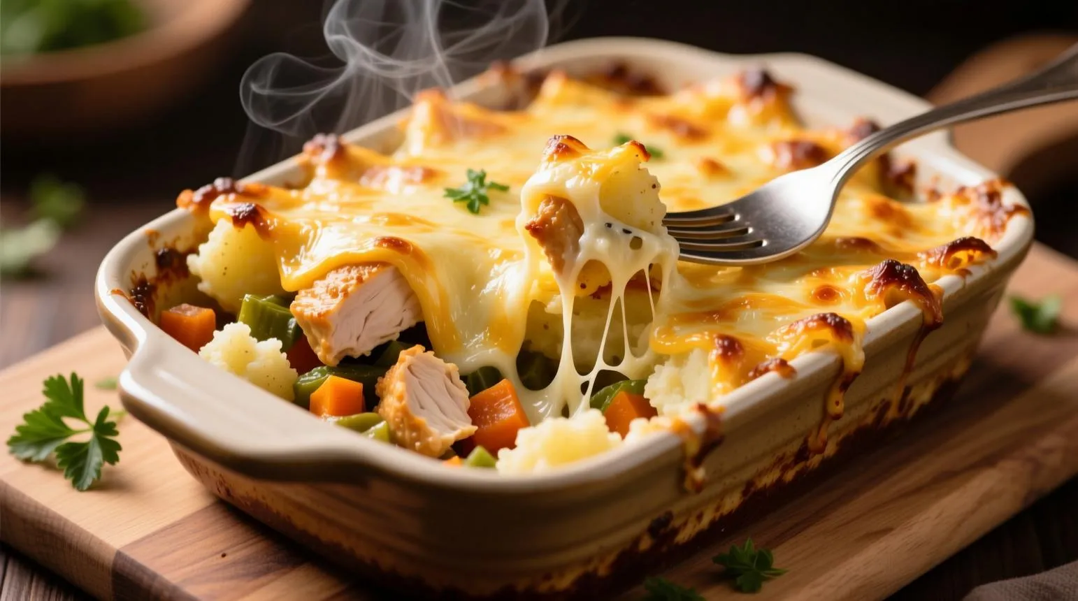 طرز تهیه گراتن مرغ و سیب‌زمینی با قارچ و پنیر پیتزا در فر
